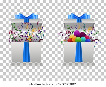 Gift boxes vector set.  Opened gift box. . Set of colorful gift box with ballons, confetti and bow, ribbons.