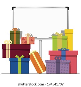 gift boxes and a white board