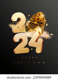 Gift boxes, white calendar date and christmas decoration on black background. New year greeting card design 2024. Not generated by AI.