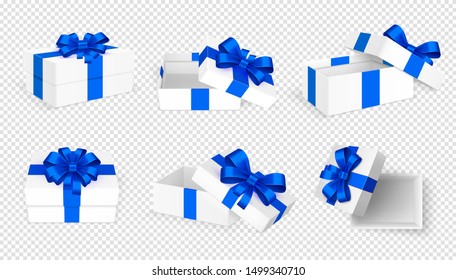 Gift boxes. White open present empty box with blue bow and ribbons. Christmas Birthday Valentine day vector template