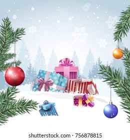 Gift Boxes In Winter Forest Merry Christmas Background Design Holidays Banner Flat Vector Illustration