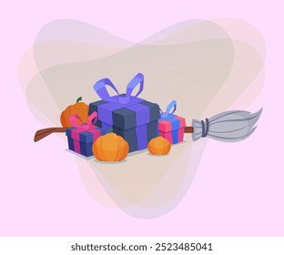 Gift boxes, witch broom and pumpkins on abstract background. Halloween banner design. Celebration, holiday, autumn concept. Vector illustration for invitation or poster