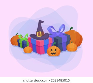 Cajas de regalo, sombrero de bruja, jack-o-lantern y calabazas sobre fondo abstracto. Diseño de Anuncio de Halloween. Celebración, día de fiesta, concepto de fiesta. Ilustración vectorial para invitación o cartel