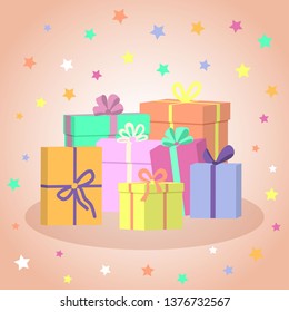 Gift boxes. Сolorful wrapped gift boxes. Lots of presents.  Vector illustration. 