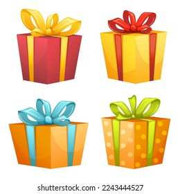 Gift Boxes Wrapped in Paper and Tied with Ribbon as Holiday Symbols Vector cartoon illustration. Gift wraps on boxes with decoration. Holiday presents in bright packaging decorated with bows
