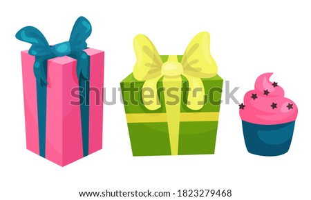 Gift Boxes Wrapped in Paper and Tied with Ribbon and Cupcake as Holiday Symbols Vector Set