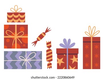 Gift Boxes in wrapping paper with a bow, cartoon style. Trendy modern vector illustration isolated on white background, hand drawn, flat 