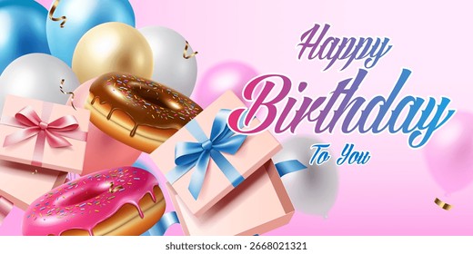 Cajas de regalo, globos, donas que vuelan en el fondo rosa claro. Tarjeta de felicitación de la celebración del feliz cumpleaños, invitación y Ilustración vectorial de Plantilla de diseño de Anuncio.