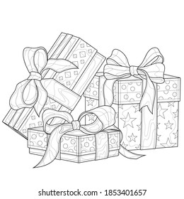 Gift boxes.Coloring book antistress for children and adults. Illustration isolated on white background.Zen-tangle style.