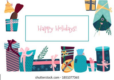 Gift boxes,convolutions in festive paper different forms in frame.Holiday decoration Postcard with text.Christmas,New year presents with ribbons and bows.Rag bags,packaging for Birthday congratulation