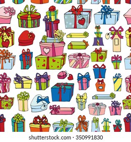 Gift boxes,presents seamless pattern.Colored holiday doodle vector background.Hand drawing illustration.For Valentine day,christmas,birthday surprise,easter,New year,baby design,wrap.