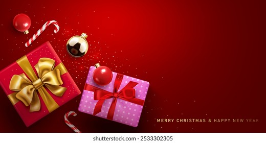 gift box,gold christmas ball candy cane decorative abstract digital geometric banner and greeting card, merry christmas and happy new year celebration red top view background vector illustration.