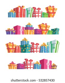 Gift box.Presents.Shopping. Gifts set in a row.Vector set of different gift boxes.Vector Illustration.Packaging from the designer.layout.Gifts for the holidays.Bright design