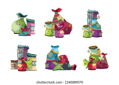 Gift box.Presents.Vector set of various gift boxes and gift bags.Gifts for the holidays.Mountain gifts.Shopping.Bright design.Christmas gift box.Vector Illustration