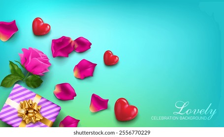 gift box,red shiny hearts,rose flower and petals on the light blue and green background top view. valentine's day , mother's day, anniversary and other special days lovely celebration banner.