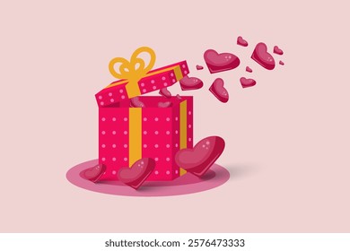 Gift box.Valentine's day beautiful flying heart Love.Vector illustration.