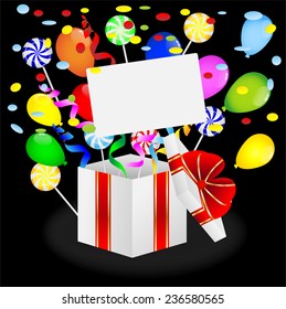gift with bright air marbles and lollipops,  vector  illustration