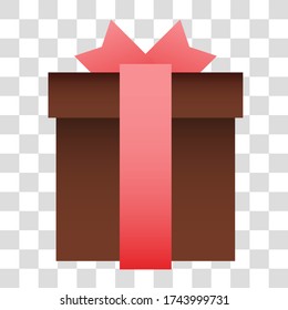 A gift in a brown box, tied with a bright pink ribbon, and a bow peeking out from behind the lid, on a transparent background in vector.