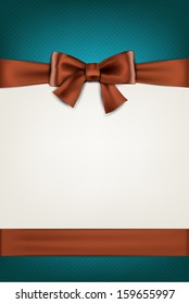 Gift brown ribbon with bow over green and beige background. Vector illustration.  