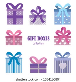 Gift bvoxes collection. Valentine presents. Winter presents. Birthday present. Christmas presents. pink boxes. Wedding presents. Vector boxes. Holiday gift. Valentine gift design.