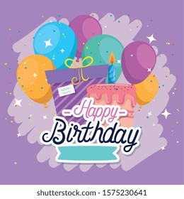 Gift cake and balloons design, happy birthday celebration decoration party festive and surprise theme Vector illustration