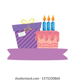 Gift with cake design, happy birthday celebration decoration party festive and surprise theme Vector illustration