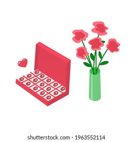 Gift candies and a bouquet of flowers in a vase. Romantic set. Love and date concept. Vector isolated cartoon illustration