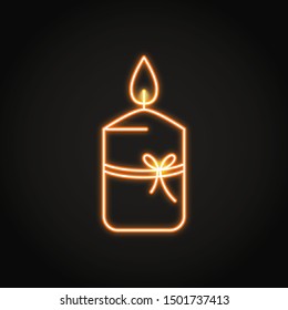 Gift candle icon in neon line style. Bright light source with burning flame. Home interior decor. Vector illustration.