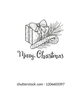 Gift, candy, spruce branch. Text. Christmas card, logo, emblem. Sketch. Monophonic.