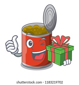With gift canned food on the table cartoon