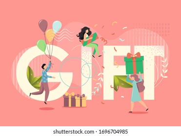 Gift in capital letters, happy people male and female characters with gift boxes, balloons, party popper, vector flat style design illustration. Party celebration.