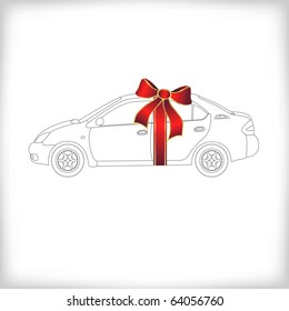 Gift Car With Red Bow, Vector Illustration