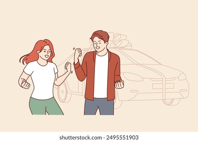 Gift car tied with large bonus stands near overjoyed couple who won automobile in lottery. Inspired man and woman celebrating receiving gift car for convenient trips to work or travel