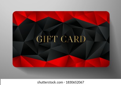 Gift card with abstract black polygon background (triangle shape texture) and red geometric poly pattern frame. Design template useful for business card, promotion, shopping card (loyalty card)