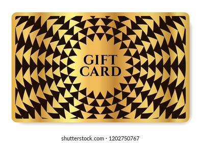 Gift card with abstract geometry pattern (triangle texture). Polygon shape background template in gold, black color.  Isolated modern vector design for Gift Voucher, Discount Shop Coupon, reward