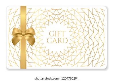 Gift card with abstract geometry pattern (triangle texture) golden bow. Polygon shape background template in gold color.  Isolated modern vector design for Gift Voucher, Discount Shop Coupon, reward
