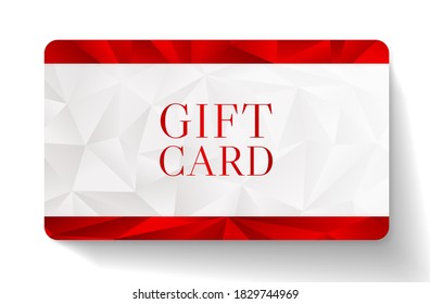 Gift card with abstract white polygon background (triangle shape texture) and red geometric poly pattern frame. Design template useful for business card, promotion, shopping card (loyalty card)