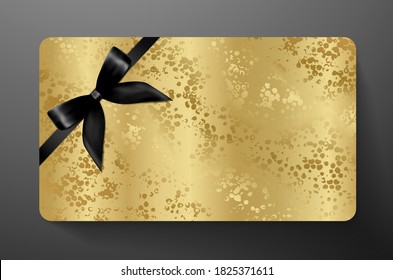 Gift card with back bow (ribbon) on gold background. Golden blank template useful for any design, shopping card (loyalty card), voucher or gift coupon