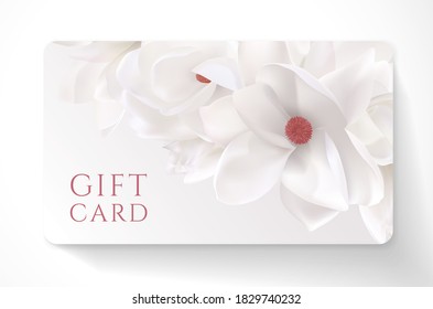 Gift card with beautiful realistic magnolia white flower isolated on clean background. Template useful for wedding design, women shopping card, 8 March