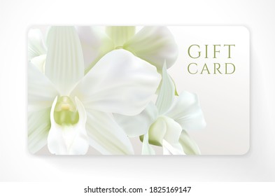Gift card with beautiful realistic orchid white flower isolated on clean background. Template useful for wedding design, women shopping card, gift certificate