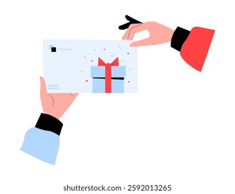 Gift Card Being Exchanged Between Two Hands In Flat Vector Illustration Symbolizing Gift Giving, Special Occasions, And Holiday Surprises, Isolated On White Background.