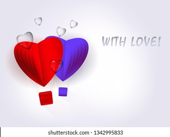 Gift Card With Big Free Space For Your Advertising Or Your Message. Illustration of love. Banner template with flying blue and red air balloons. Romantic hot air balloon background.