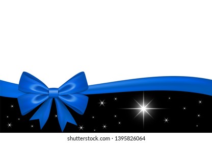 Gift card with blue ribbon bow, isolated on white background. Decoration stars design for Christmas holiday celebration, greeting, Valentine Day present, birthday invitation Vector illustration