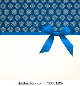 Gift Card With Blue Ribbon And A Bow  on blue background.  Gift Voucher Template with  place for text.  Invitation - vector image.