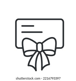 Tarjeta de regalo con icono de línea de arco. Presente para vacaciones, cumpleaños. Oferta de felicitación, Voucher, Certificado. Ilustración del vector