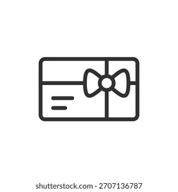 Tarjeta de regalo con arco, icono lineal. Voucher y presente certificado. Línea con trazo editable.