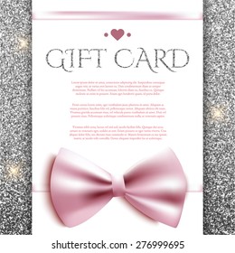 Gift card with bow on silver glitter background. Vector illustration