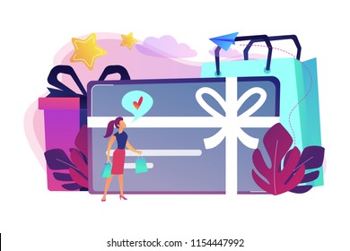 Gift card with bow and ribbon, gift box and woman loving shopping. Shopping certificate and gift voucher, prepaid cash card and bonus, sale concept, violet palette. Vector isolated illustration.