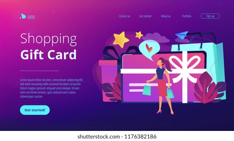 Gift card with bow and ribbon, gift box and woman loving shopping. Shopping certificate and gift voucher, prepaid cash card and bonus, sale concept, violet palette. Website landing web page template.