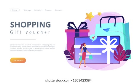 Gift card with bow and ribbon, gift box and woman loving shopping. Shopping certificate and gift voucher, prepaid cash card and bonus, sale concept, violet palette. Website landing web page template.